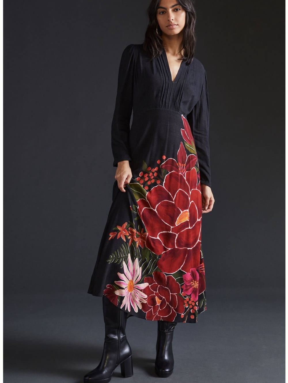 FARM Rio Black Maxi Dress with Red Floral Print